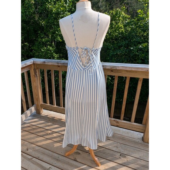 H&M Blue White Striped Slip Dress Spring Summer Satin V-neck Medium Resort - Picture 5 of 8
